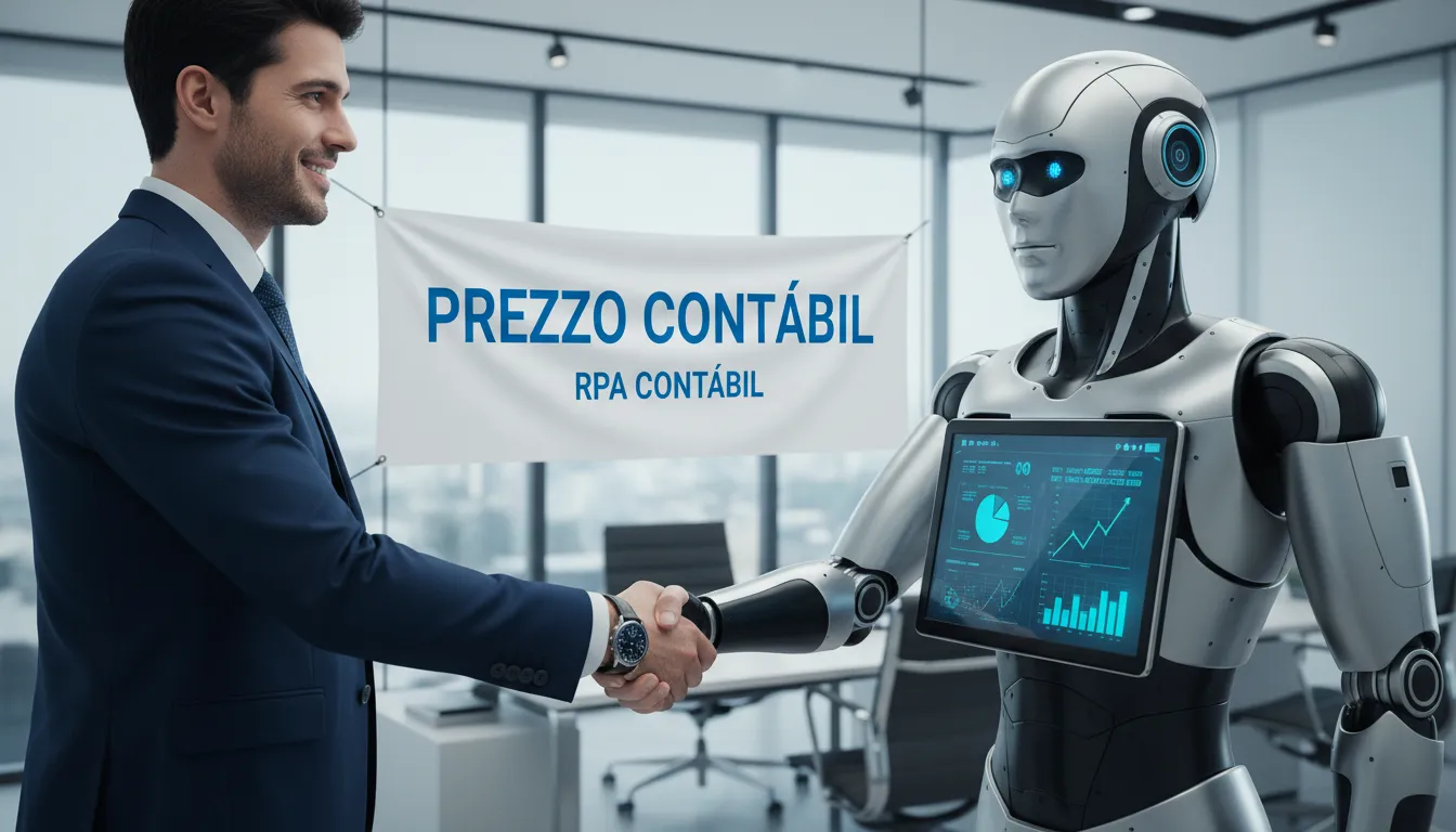 Um empresário apertando a mão de um robô CFO, ilustrando a parceria entre humanos e automação no contexto de rpa autônomo para contabilidade.