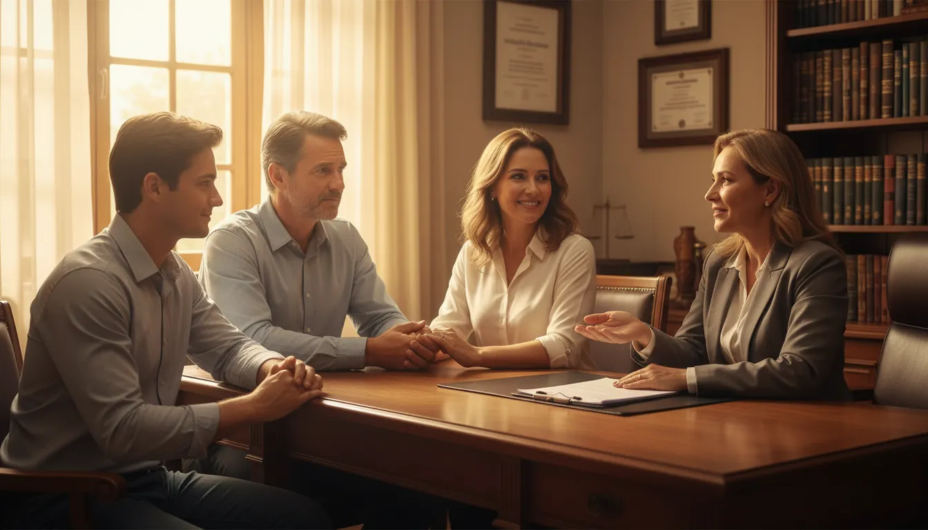 Família esperançosa recebe aconselhamento de um advogado sobre plano de saúde.