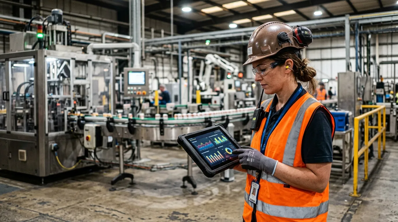 Supervisor com tablet gerenciando etapas do planejamento e controle da produção no chão de fábrica.