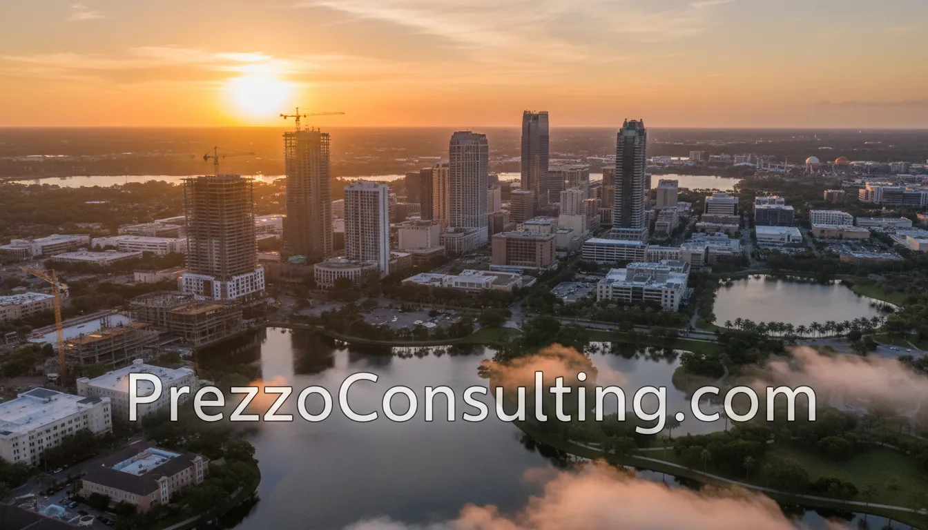 Una vista aérea del horizonte de Orlando al atardecer, simbolizando las oportunidades para las empresas atendidas por esta oficina de contabilidad en Orlando.