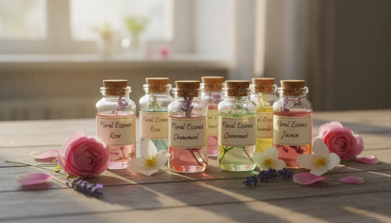 Frascos de essências florais naturais sobre mesa de madeira com flores ao redor.
