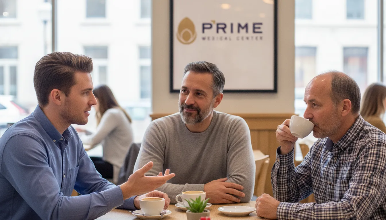 Grupo de homens conversando abertamente em café, simbolizando discussão sobre vasectomia como funciona e dúvidas.