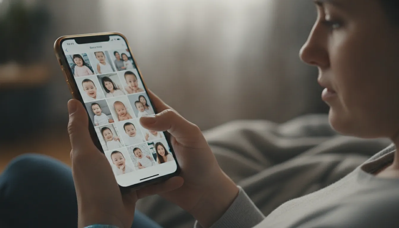 Mulheres tentantes comparando suas jornadas em redes sociais, com foco nas mãos segurando o celular.