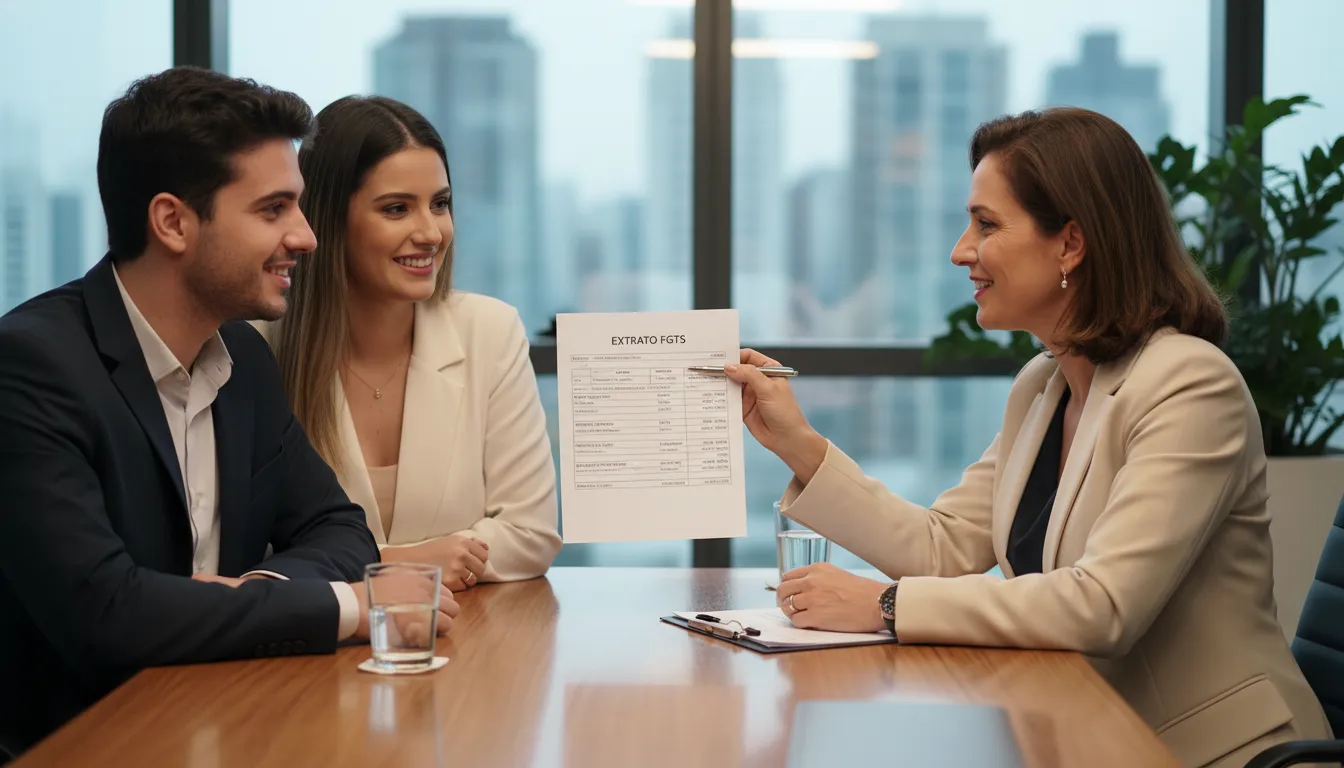 Orientação financeira sobre FGTS: especialista explica extrato impresso a casal em escritório acolhedor.