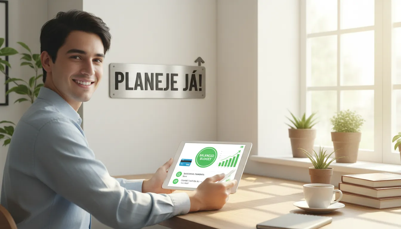 Uma pessoa feliz organizando suas finanças em um tablet, mostrando um orçamento equilibrado ao pagar boleto com cartão de crédito.