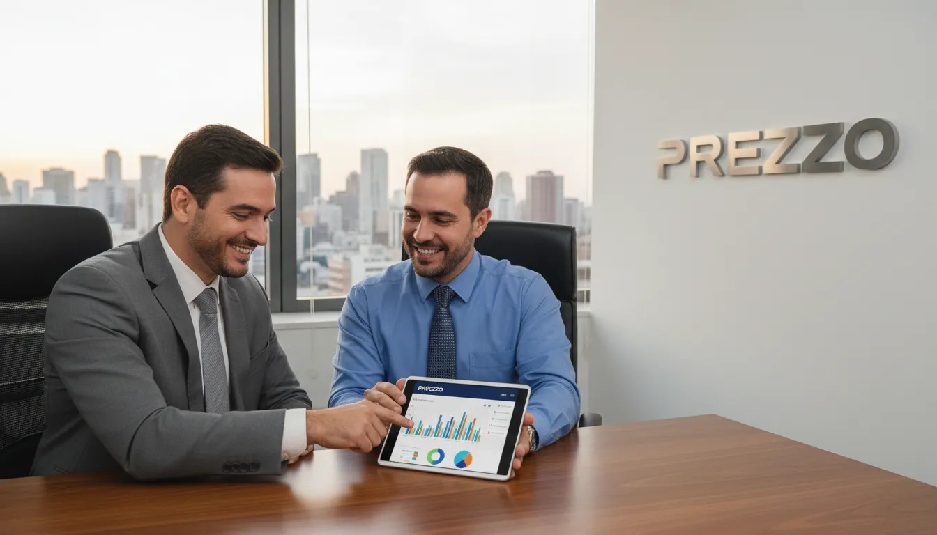 Painel financeiro intuitivo em um tablet, com um contador explicando os dados para um empresário. Conte com um Escritório de Contabilidade em São Paulo para decisões estratégicas.