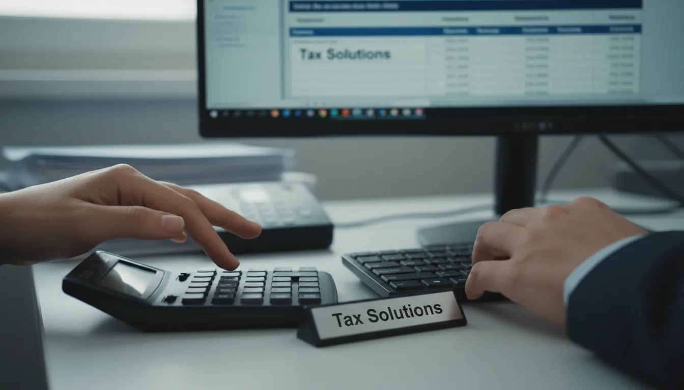 Detailed view of hands using a calculator and accounting software for rental property bookkeeping, showcasing the need for accuracy in financial record-keeping.