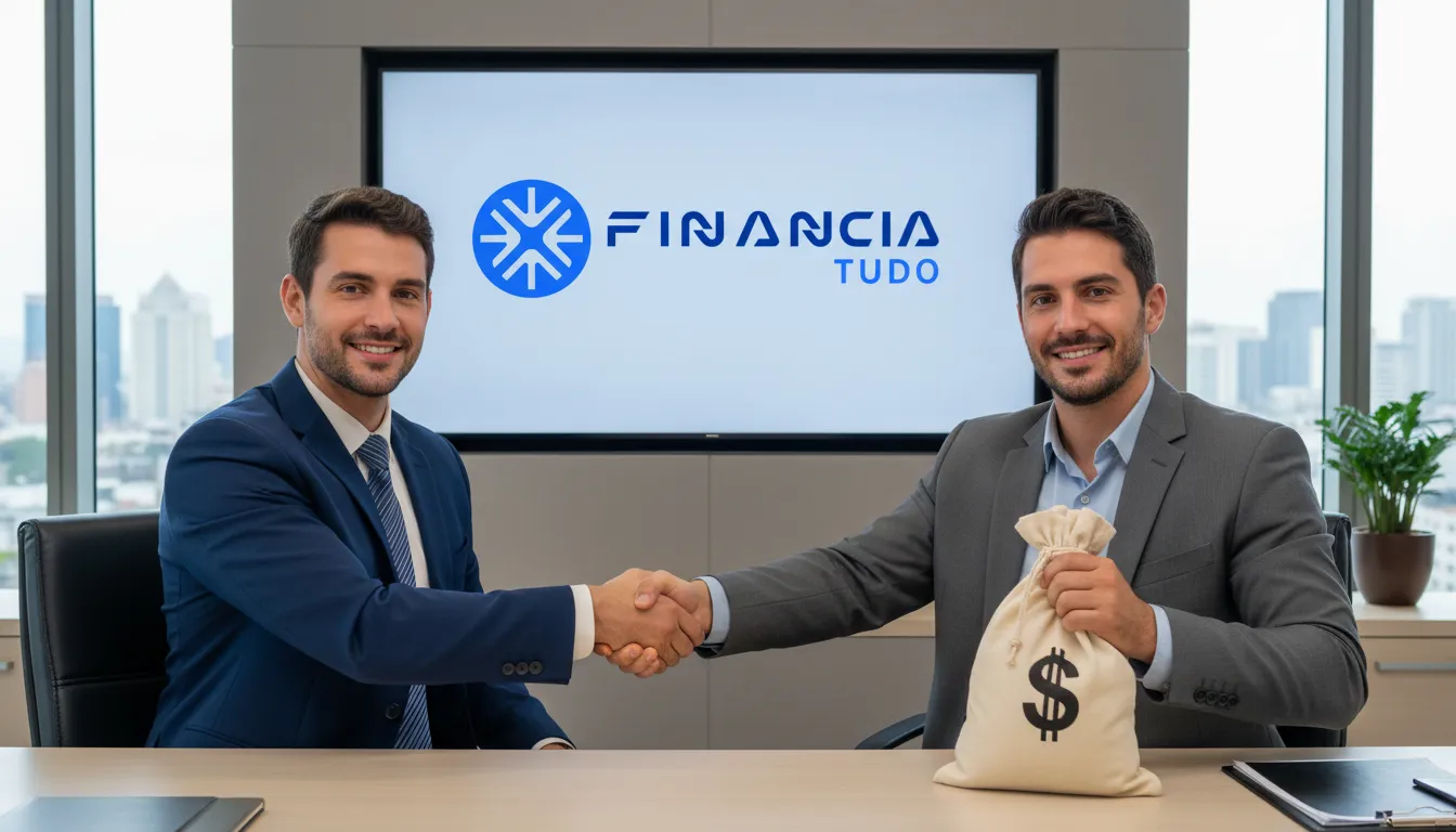 Empresário fechando negócio ao ganhar dinheiro indicando crédito, parceria facilitada pela Financia Tudo, com saco de dinheiro.