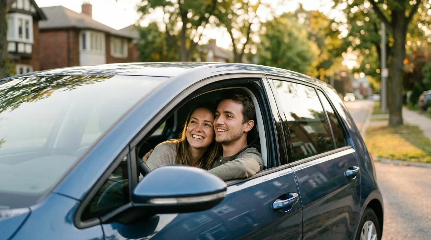 Casal comemora alívio financeiro com refinanciamento de carro financiado dentro de novo veículo.