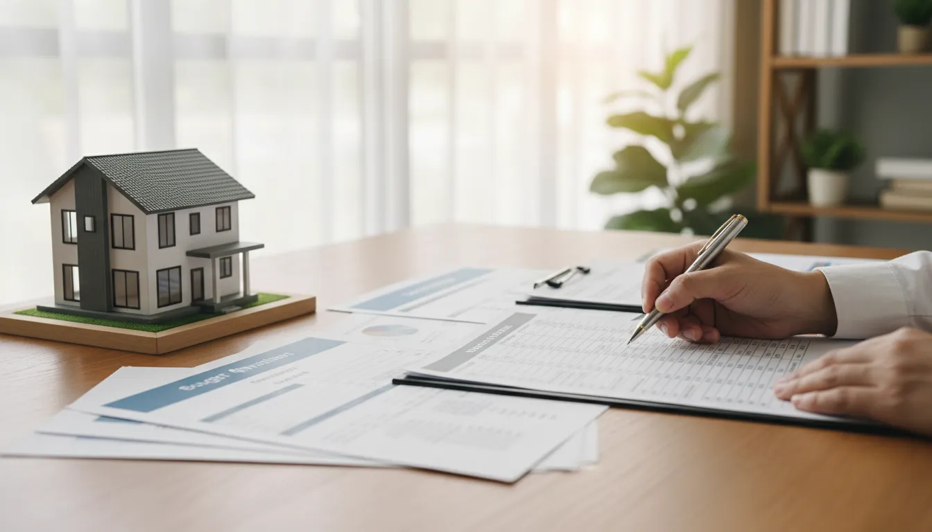 Mesa com documentos e modelo de casa, representando organização no empréstimo com garantia de imóvel.