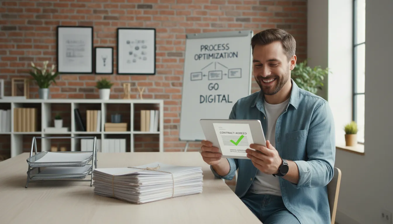 Empreendedor compara contratos digitais assinados e pilha de papéis não utilizados