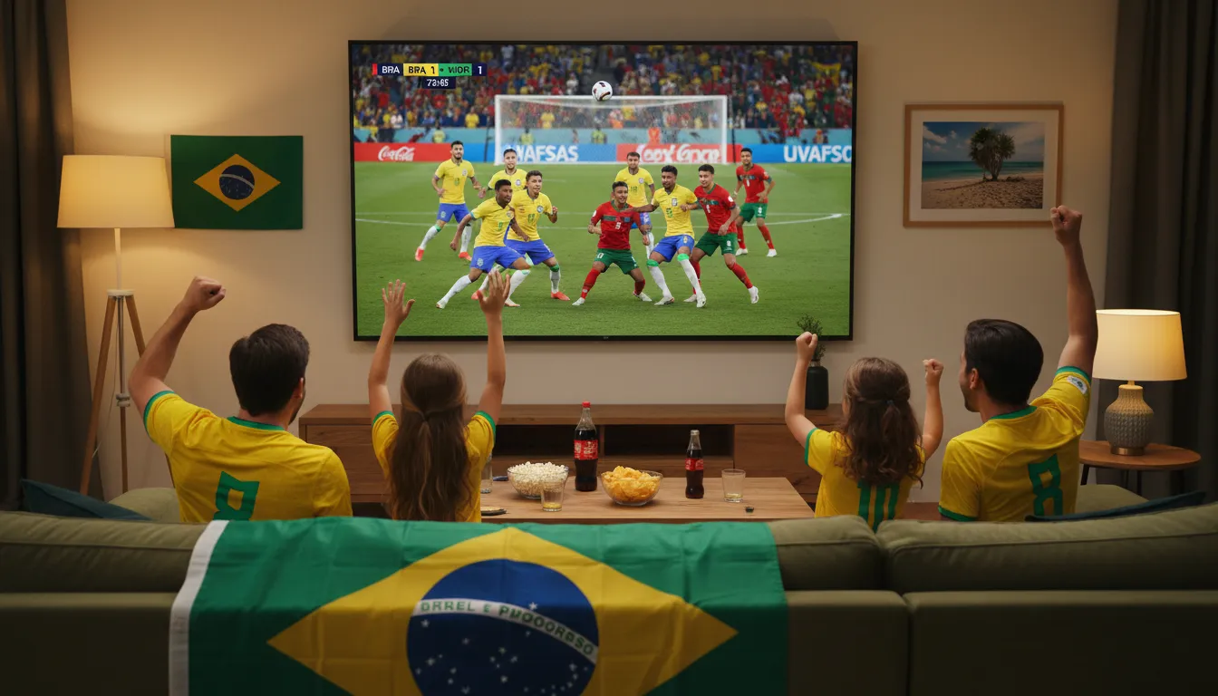 Família assistindo Brasil x Marrocos Copa 2026 data horário na TV com entusiasmo.