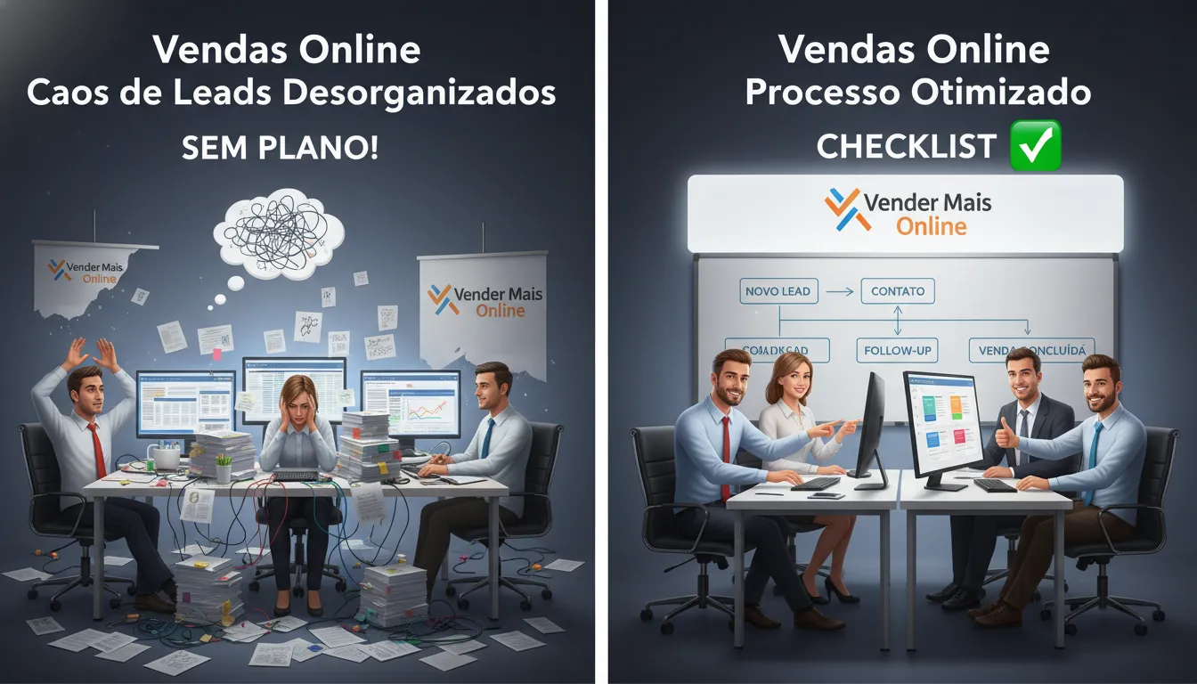 Ilustração comparando um time de vendas caótico com um processo otimizado, representando a melhoria da taxa de conversão e ciclo de vendas com a Vender Mais Online.