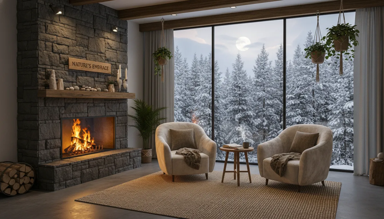 Interior de cabana ecológica com lareira acesa, vista panorâmica e decoração aconchegante