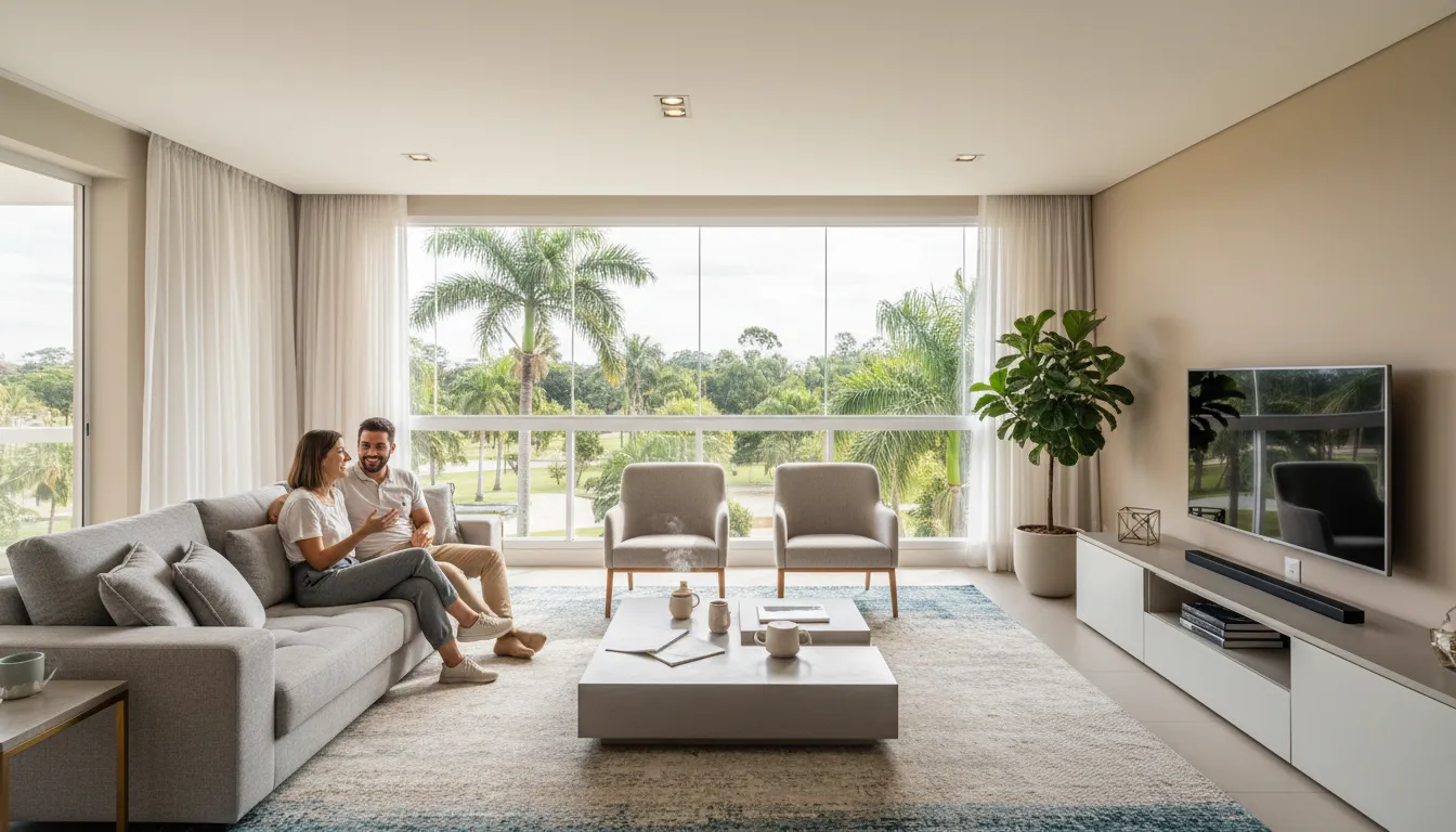 Casal feliz em sala moderna e espaçosa do Condomínio Garça Branca, planejando o futuro com tranquilidade e segurança.
