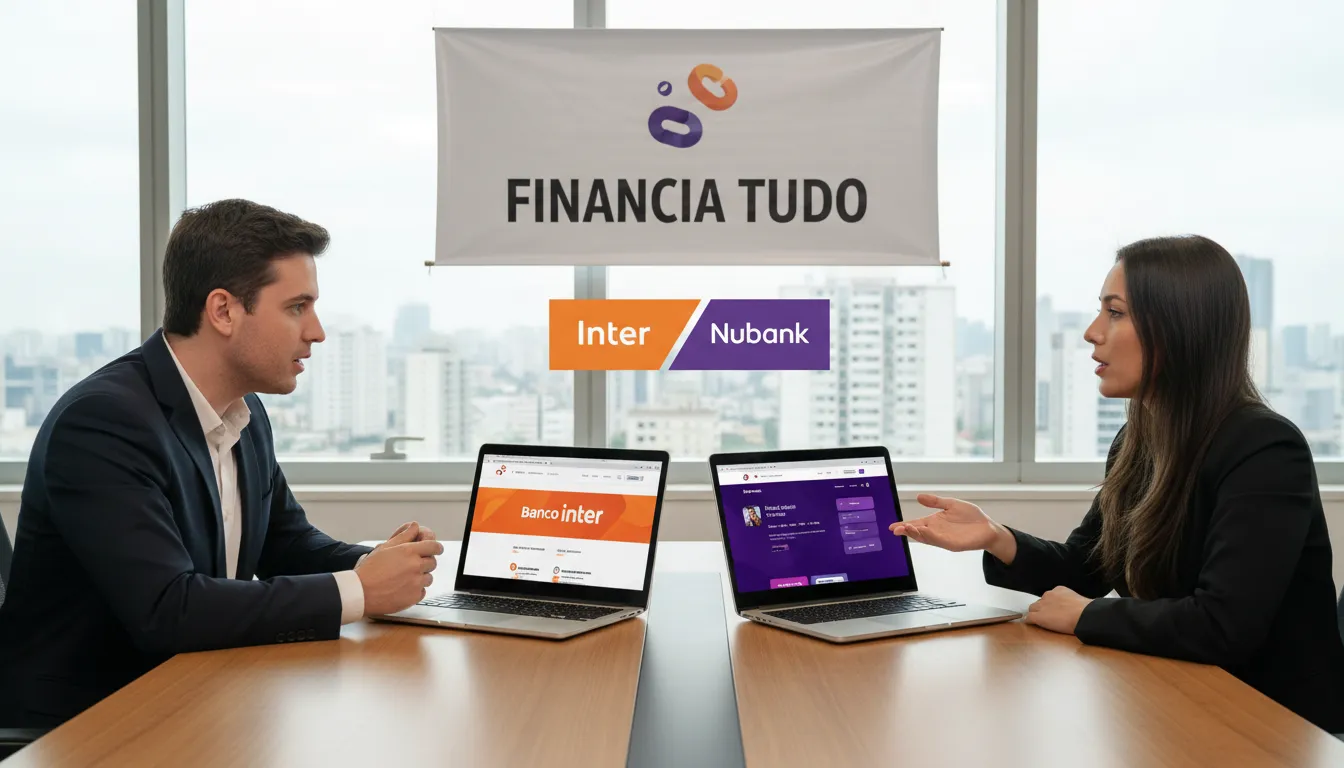 Imagem realista de duas pessoas discutindo opções financeiras com laptops mostrando os sites do banco inter ou nubank, com o logo da Financia Tudo em um banner.