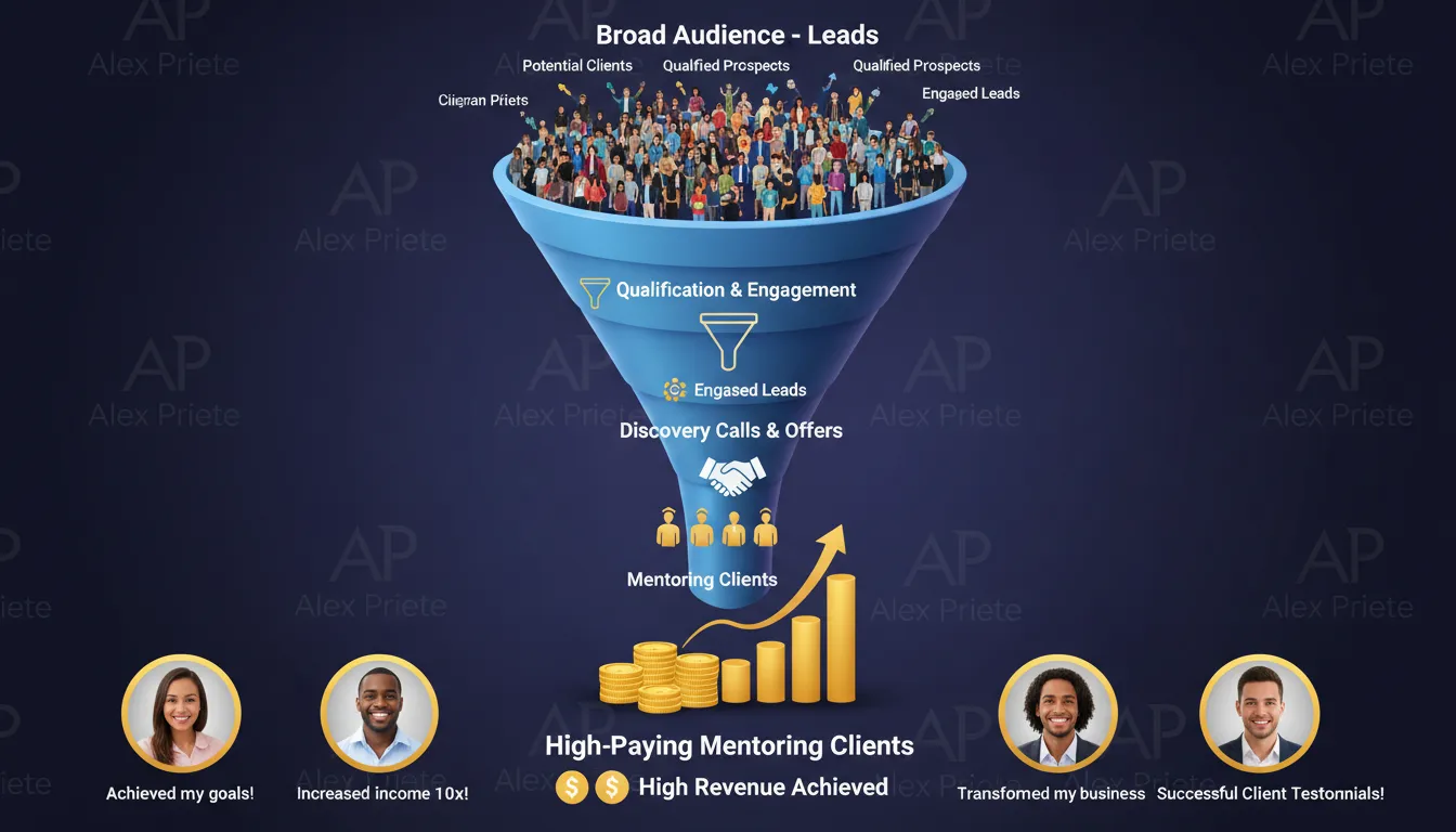 Ilustração de um Funil de Vendas, mostrando a conversão de leads em clientes de Mentoria High Ticket, com a marca Alex Priete ao fundo, simbolizando Funil de Mentoria e Funil de Sessão Estratégicas.
