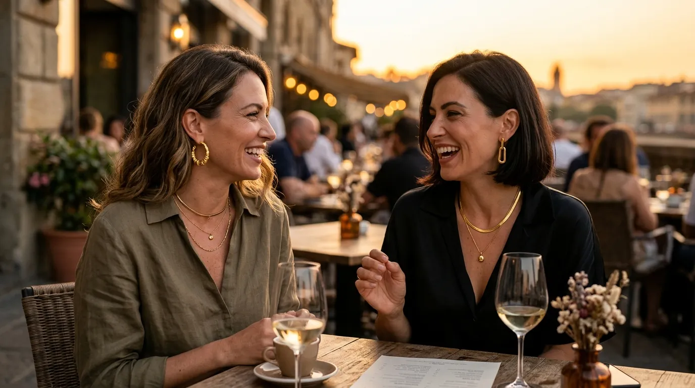Mulheres elegantes conversando enquanto usam peças que ilustram como essas foram as escolhas do mês.