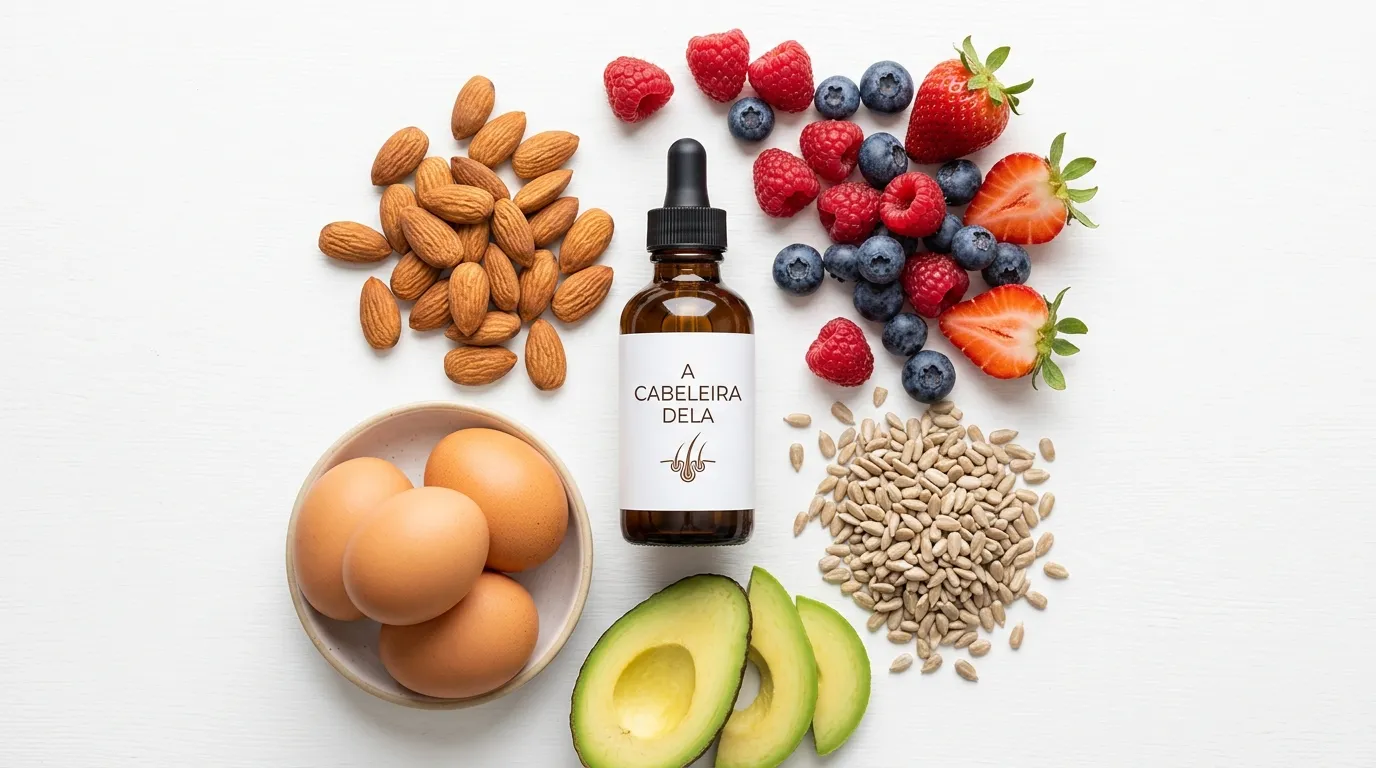 Alimentos ricos em nutrientes e biotina para cabelo dispostos de forma equilibrada.