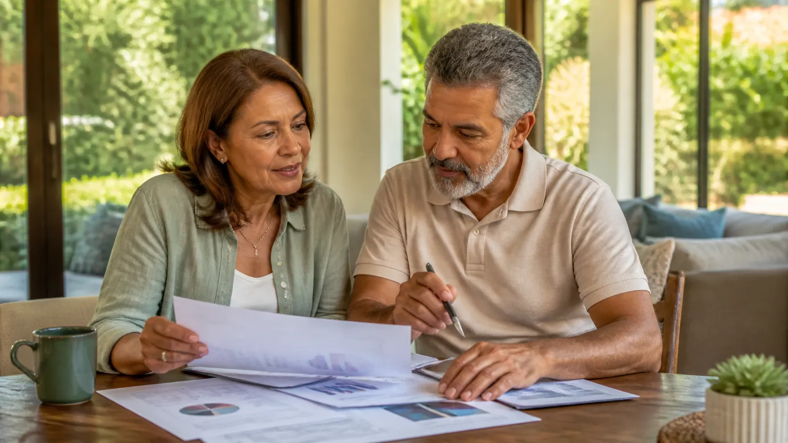 Casal avaliando proposta usando casa quitada como garantia em consultoria.