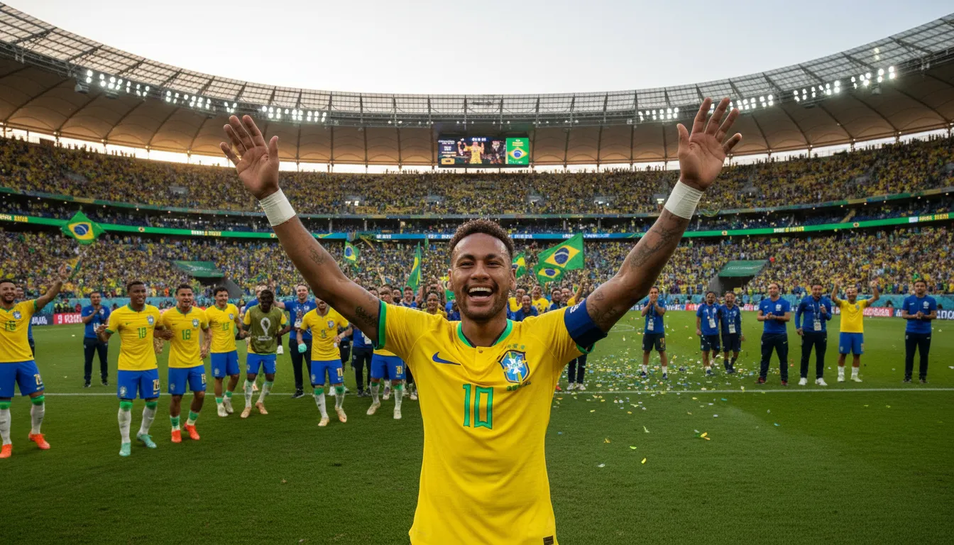 Neymar comemora um gol importante, irradiando otimismo e a esperança de que neymar vai jogar copa 2026, com a torcida em êxtase.