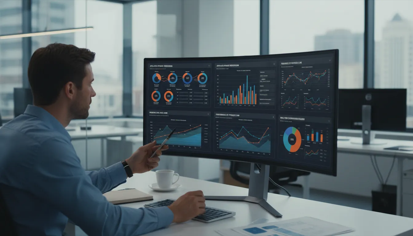 Pessoa em escritório analisando gráficos de desempenho de afiliados financeiros em monitor grande, mostrando resultados detalhados.