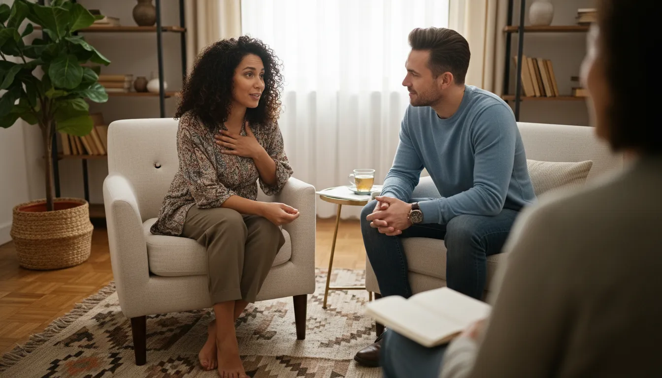 Casal dialogando abertamente em sessão de terapia de casal, reconstruindo a conexão através da escuta.