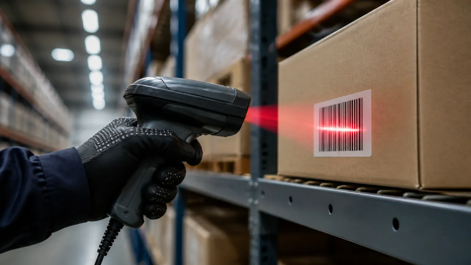 Operador escaneando código de barras com tecnologia WMS para controle de estoque