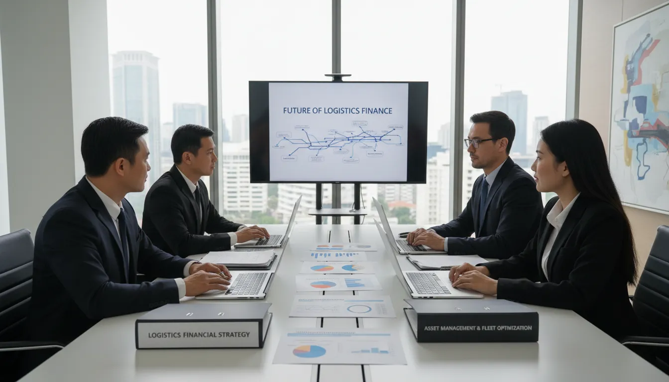 Executivos de transporte e consultores financeiros discutem soluções em escritório moderno.