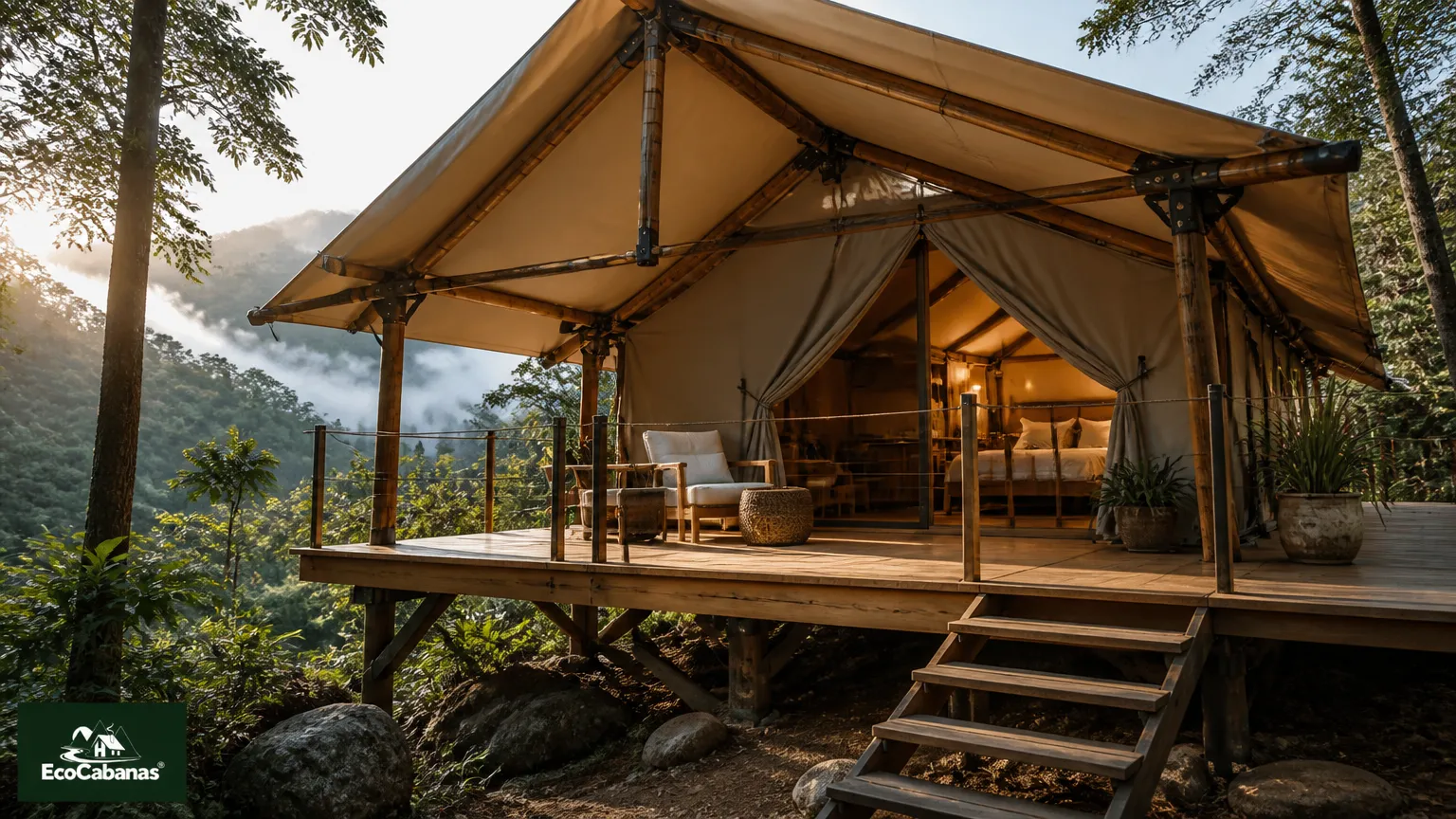 Detalhes construtivos de glamping de luxo integrado à paisagem natural sustentável.