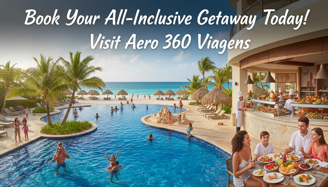 Família aproveitando resort All inclusive em Cancún ou Punta Cana, com piscina, praia e restaurante buffet, convidando à reserva com a Aero 360 Viagens.