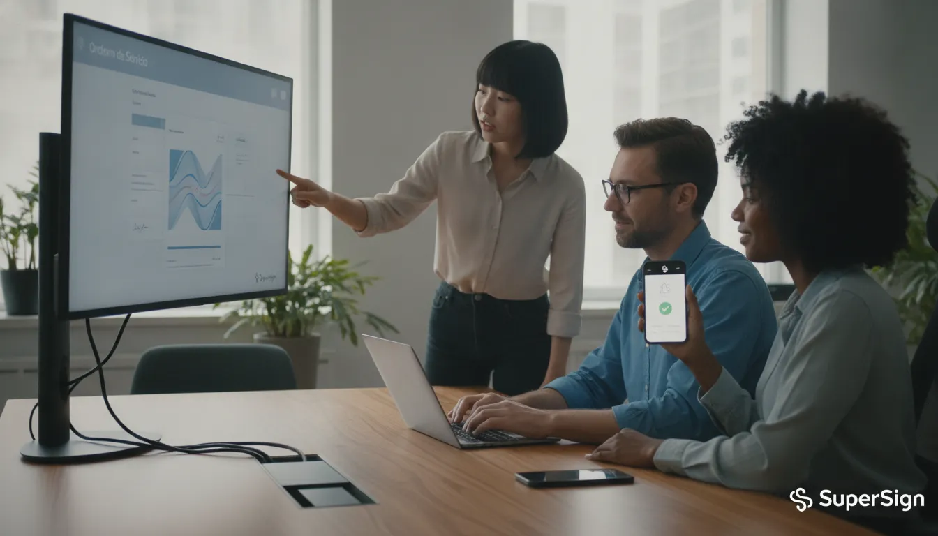 Equipe colabora revisando e confirmando uma ordem de serviço digital, otimizando o fluxo de trabalho sem papel.