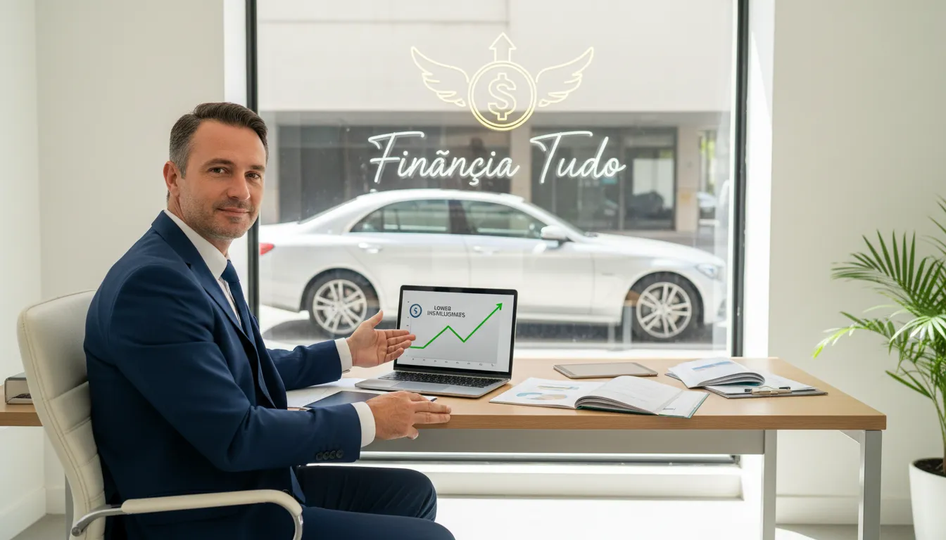 Homem confiante gerenciando suas finanças em um escritório moderno, destacando os benefícios do refinanciamento de veículos.