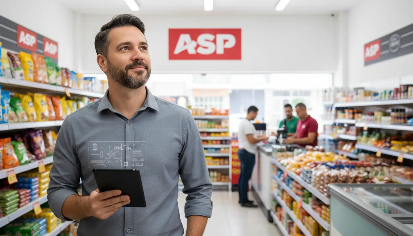 Empresário satisfeito com a gestão simplificada, usando um sistema ERP que integra o simulador Simples Nacional para otimizar lucros.