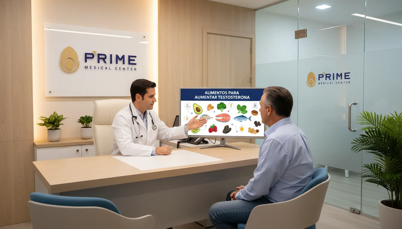 Consulta médica Prime Medical, explicando testosterona alimentos benéficos para saúde masculina.
