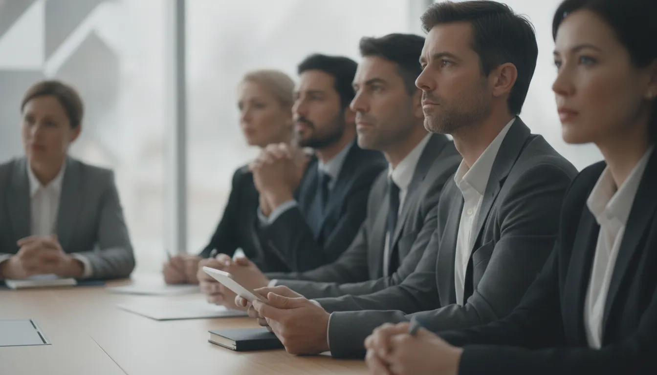 Profissionais de negócios assistindo apresentação, priorizando autoridade sobre influenciador digital.