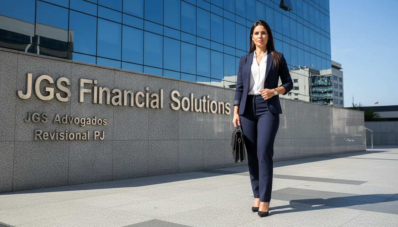 Mulher de negócios em frente a um prédio moderno, representando soluções financeiras de crédito rural e empresarial com o suporte da JGS Advogados.