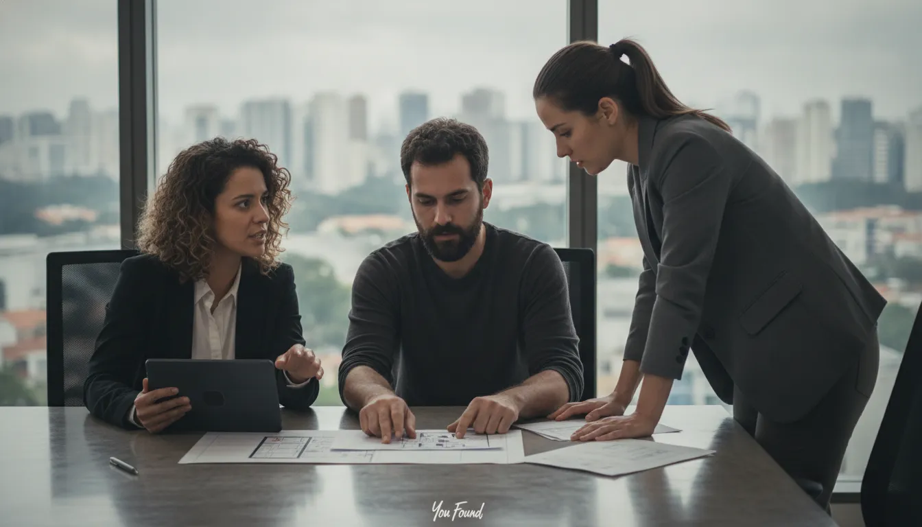 Equipe de produtora de vídeo São Paulo discute roteiro estratégico para canal YouTube com cliente.