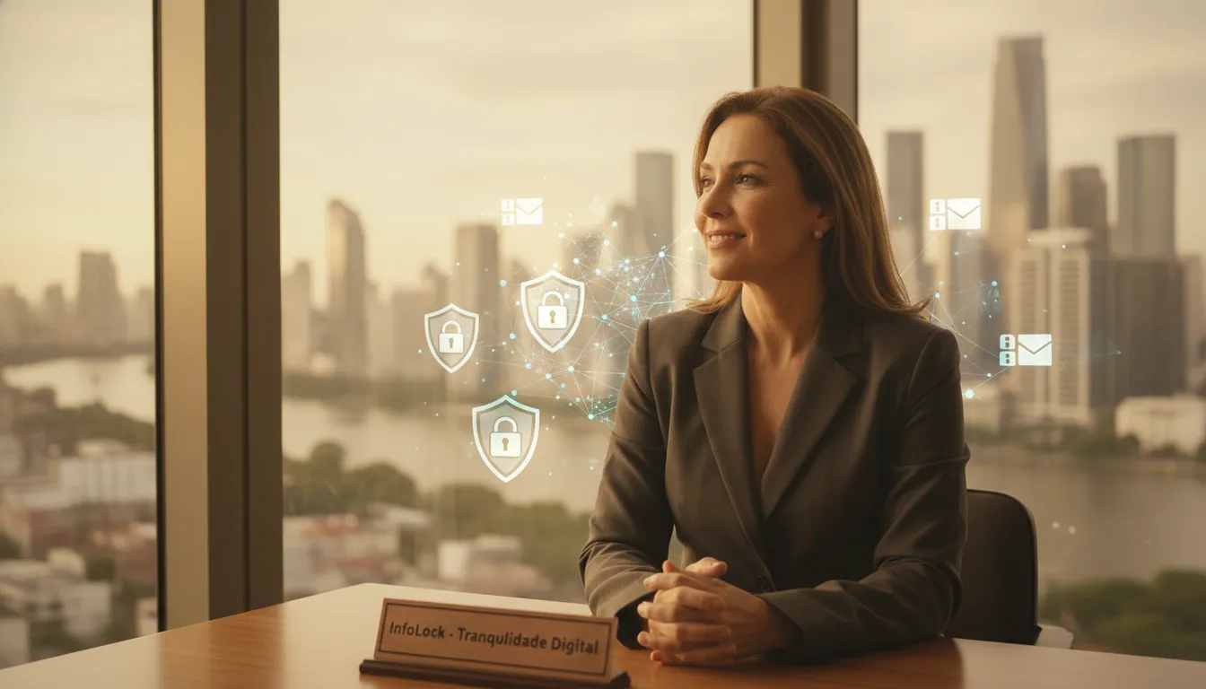 CEO confiante e tranquila, com a garantia de segurança de dados através de um comitê de privacidade eficaz.