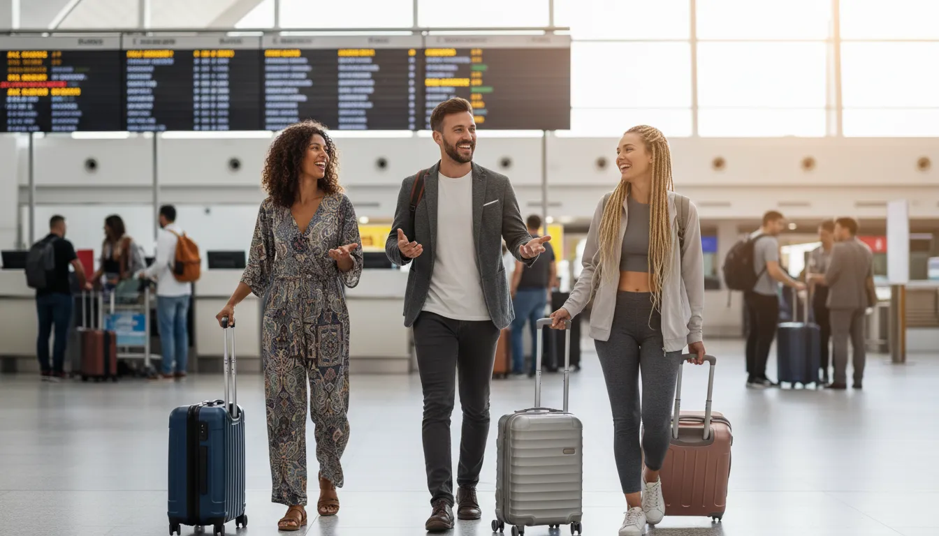 Grupo de amigos sorrindo em aeroporto, malas de viagem. O programa Livelo facilita suas próximas viagens.