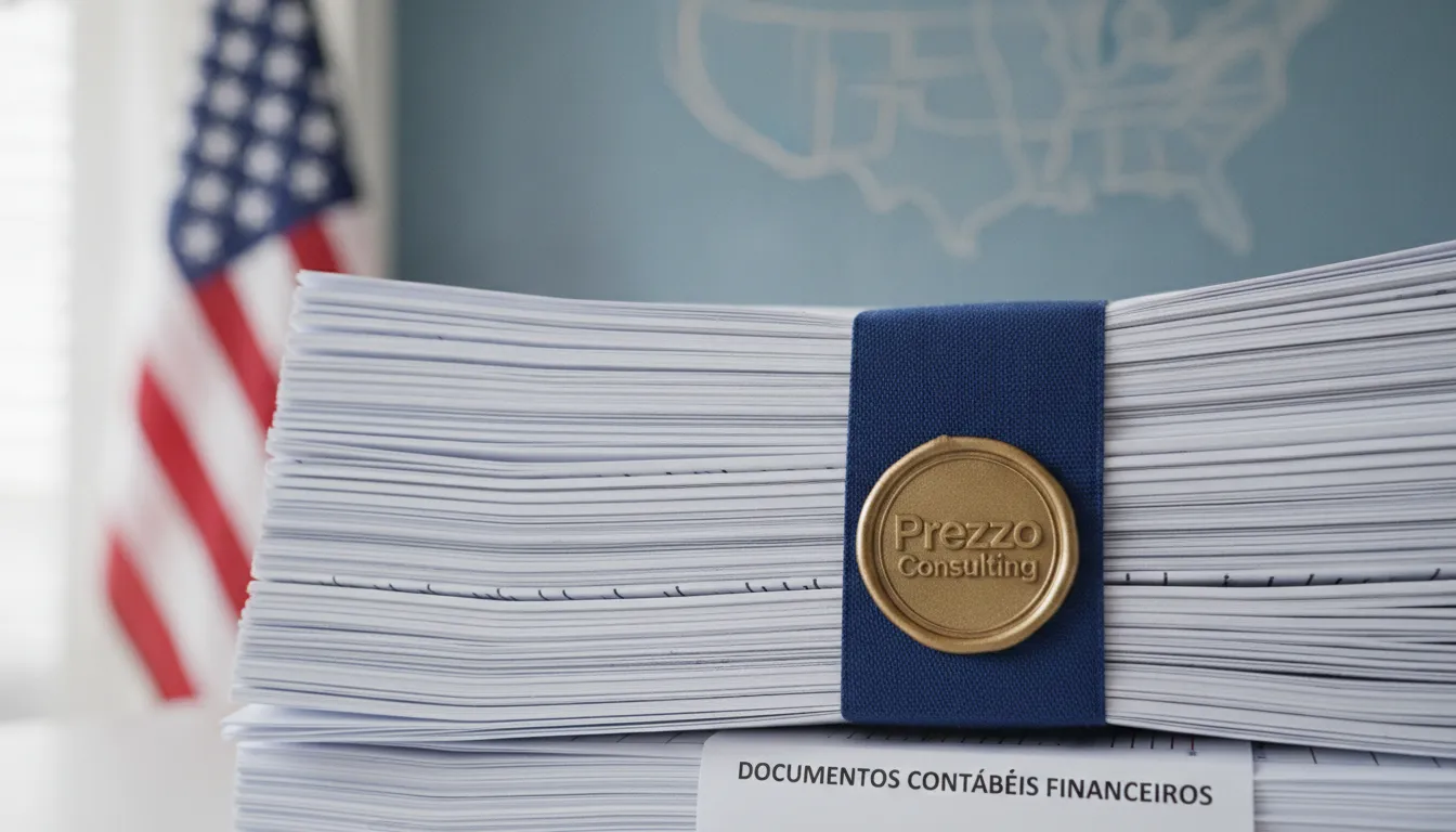 Mãos digitando dados financeiros, preparando e2 visto documentos contábeis essenciais para o processo.