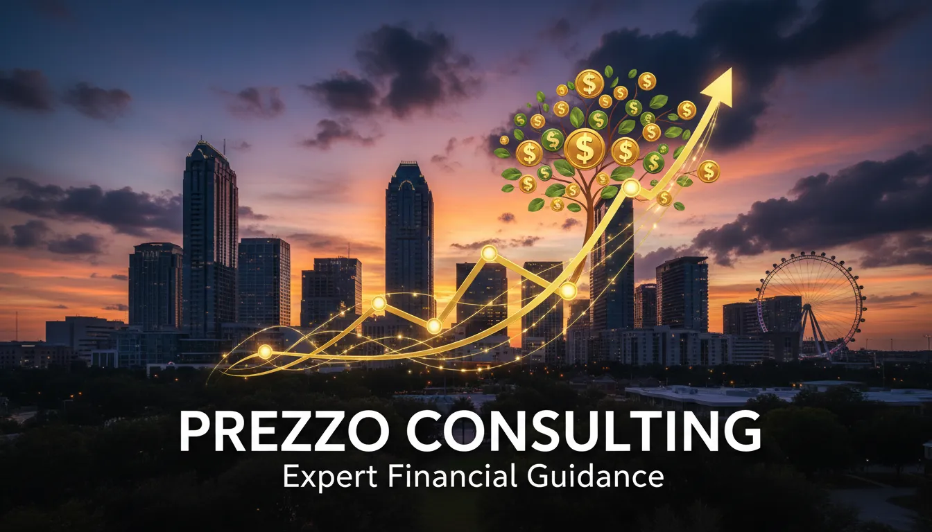 Vista panorámica de Orlando con gráfico de crecimiento financiero, representando la contabilidad en Orlando y consultoría de Prezzo Consulting para el éxito empresarial.