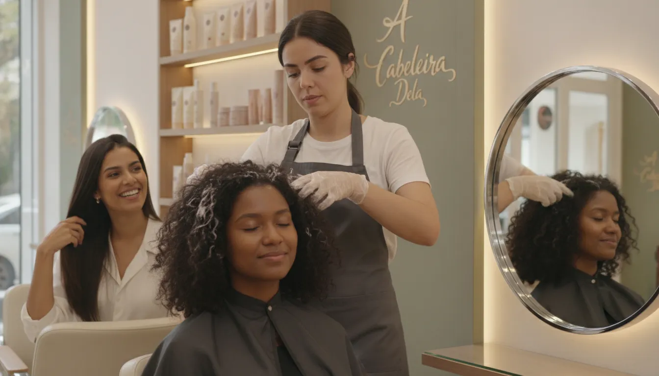 Mulheres em salão recebendo tratamento para cabelo elástico e danificado, com foco na recuperação capilar.