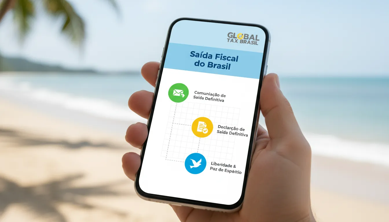 Mão segurando smartphone com infográfico claro sobre a saída fiscal do Brasil e planejamento.
