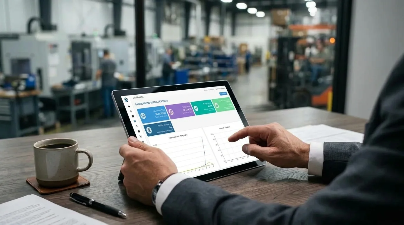 Alçada de aprovação no processo de compras exibida em tablet corporativo em escritório