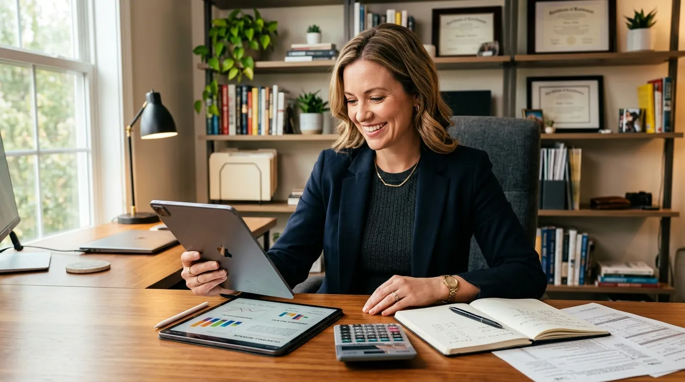 Empreendedor de sucesso após organizar impostos com o form w8 ben no escritório.