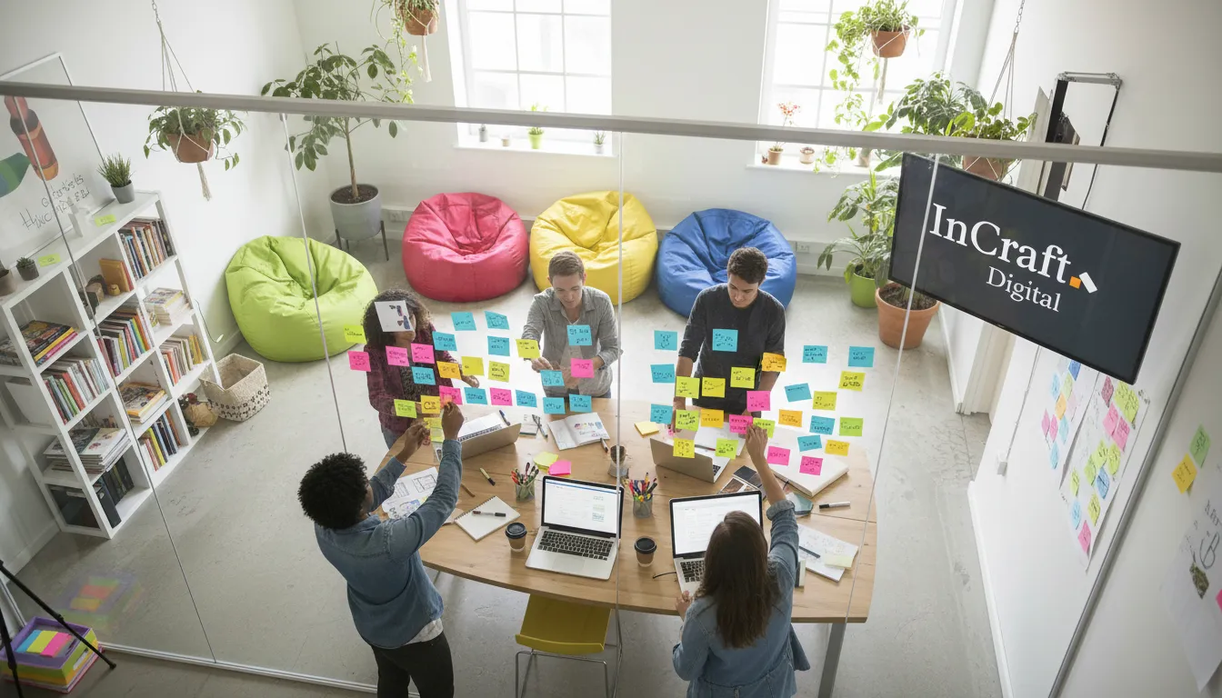 Visão superior de equipe da agencia de marketing criando ideias em espaço de trabalho vibrante e colorido.