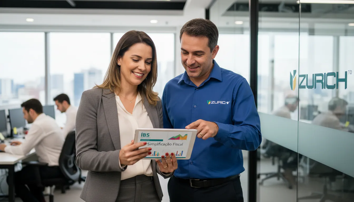 Empresária sorri aliviada ao ver dados financeiros simplificados em tablet, com apoio de um contador. Isso mostra como o IBS descomplicará impostos.