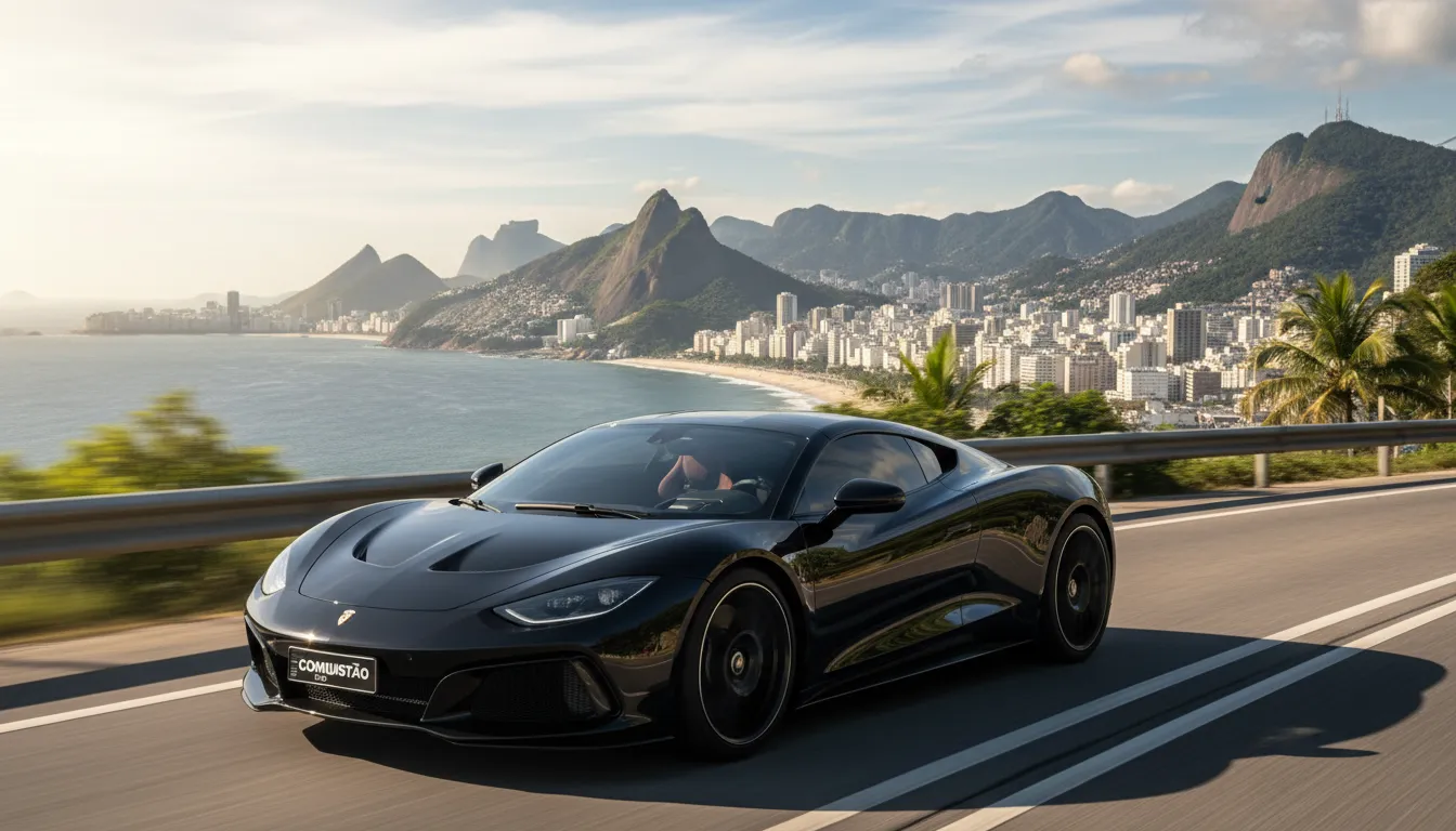 Carro de luxo em trajeto cênico no Rio de Janeiro, representando o serviço de car hunting das oficinas carros de luxo Rio de Janeiro.