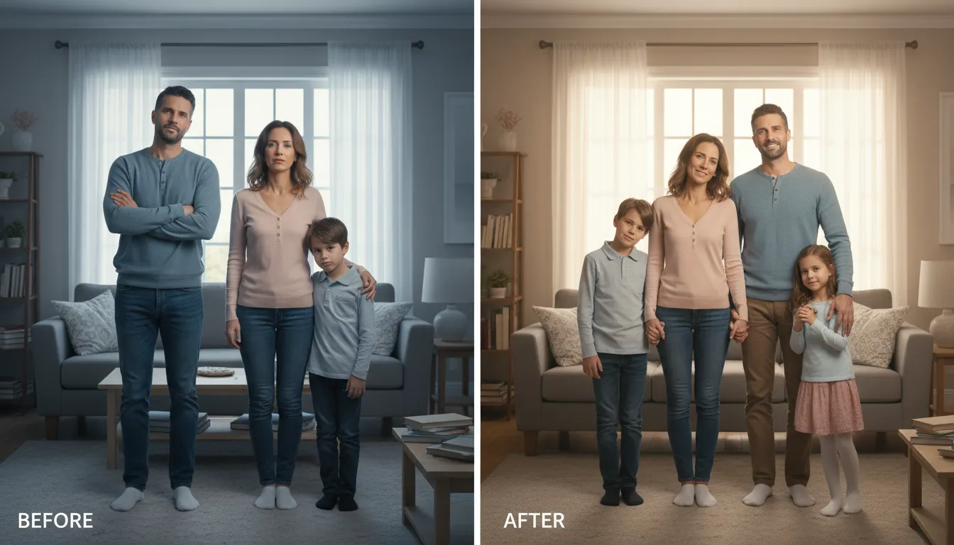 Visualização do antes e depois da constelação familiar, evidenciando a transformação e melhora nas relações familiares.